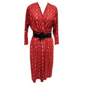 1980’s Red Black And White Geometric Print Long Sleeve Belted Dress
